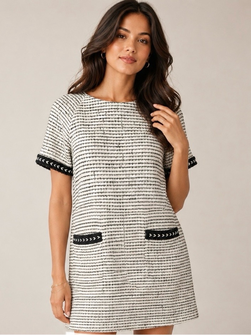 NWT Carlisle Per Se Anemone Bouclé Tweed Midi Dress Black Ivory Size 12 $528